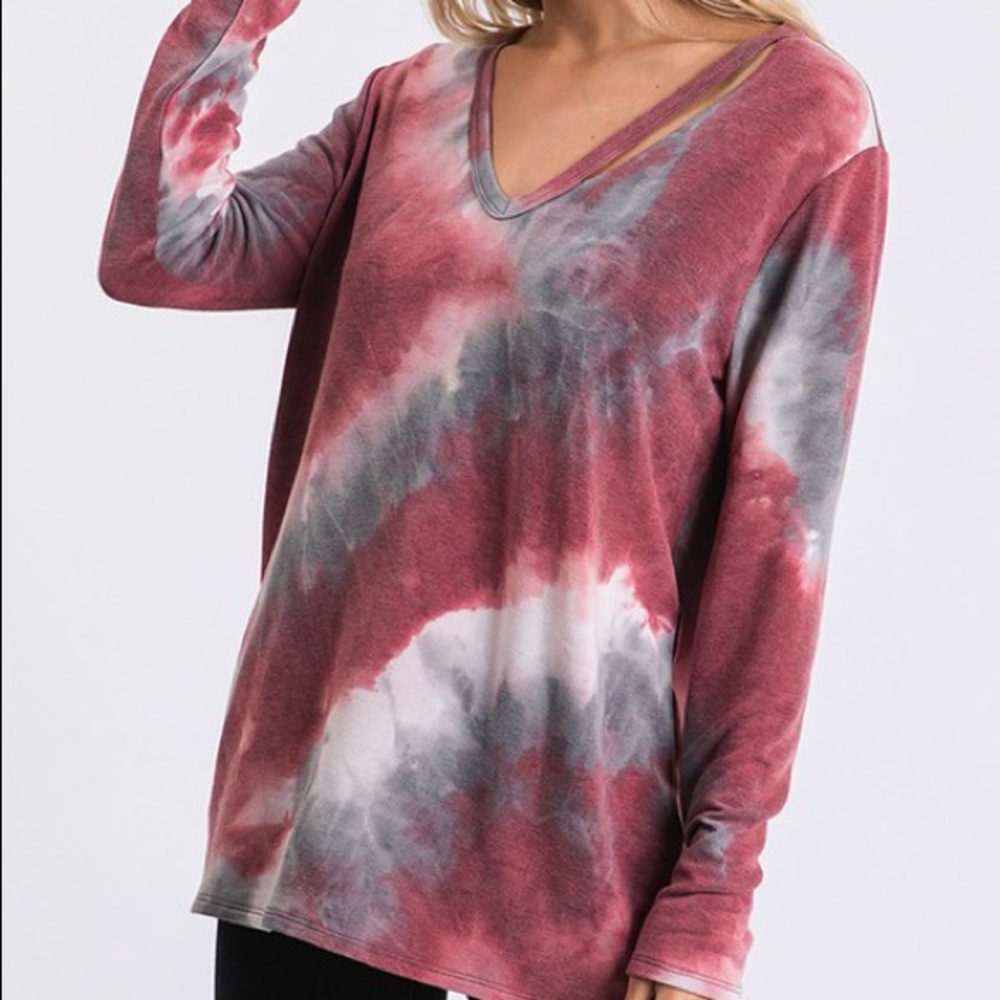 Restocked! Berry  Knit Tie Dye V-Neck Cut Out Top